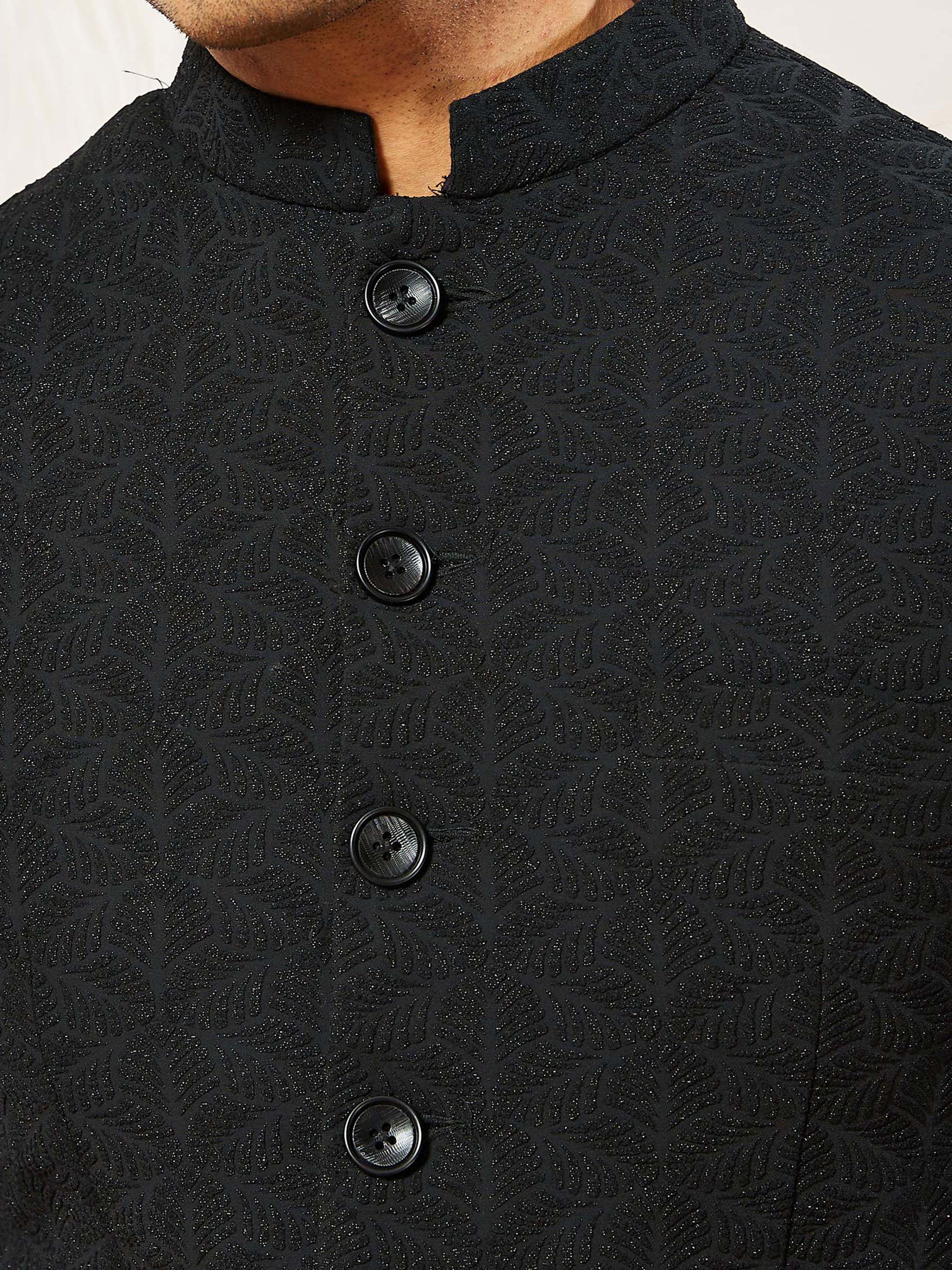 Men Black Abstract Self-Design Regular Nehru Jacket