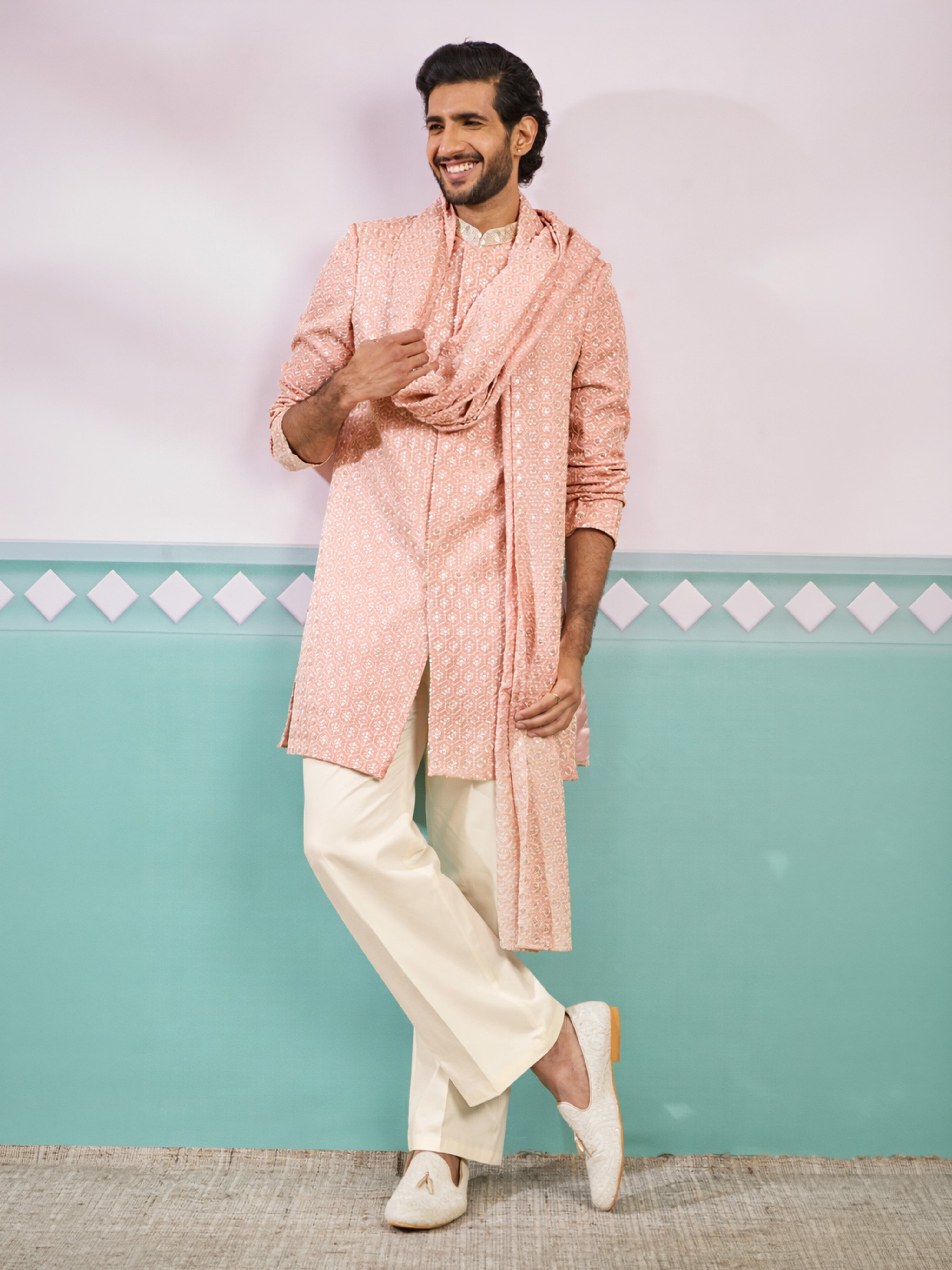 Men's Peach Geometric Zari Indo Western Set with Stole