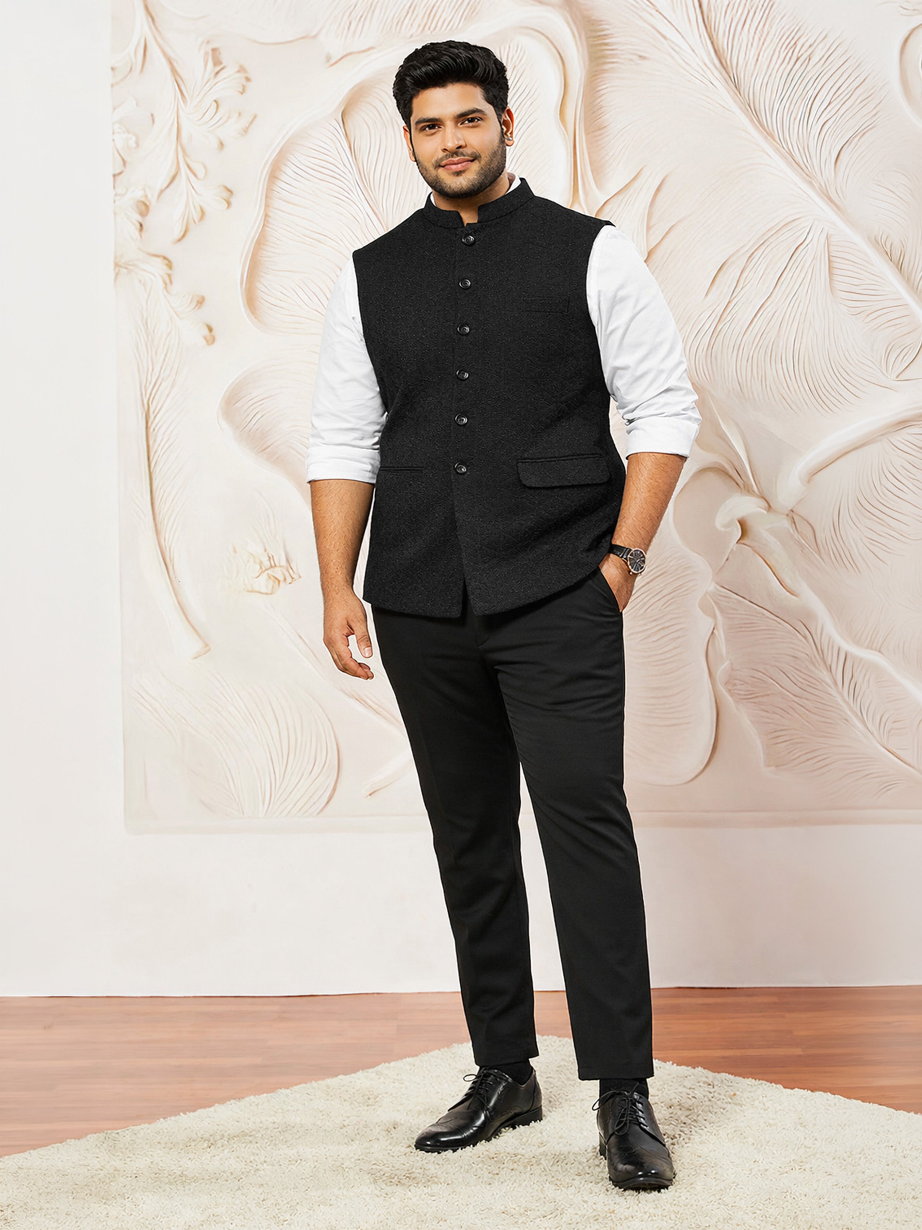 Men Black Abstract Self-Design Regular Nehru Jacket