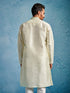 Men Cream Self Design Thread Work Thigh Length Kurta