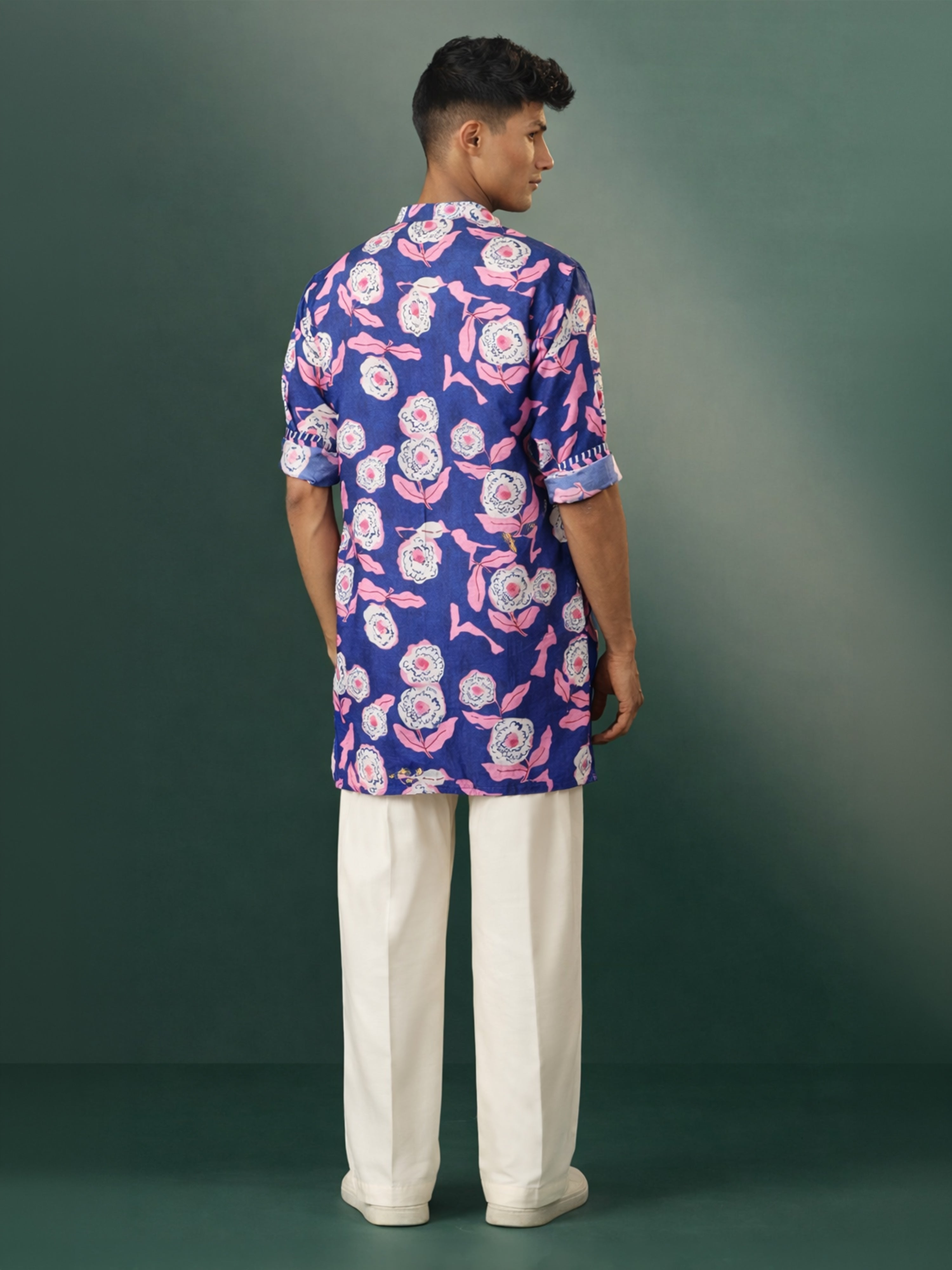 Men Navy Blue Floral Print Plain Thigh Length Kurta Pant Set with Wide Leg Pant