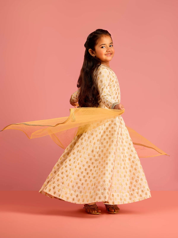 vastramayGirls Cream Zari Woven Viscose Anarkali Set with Pant and Chiffon Dupatta