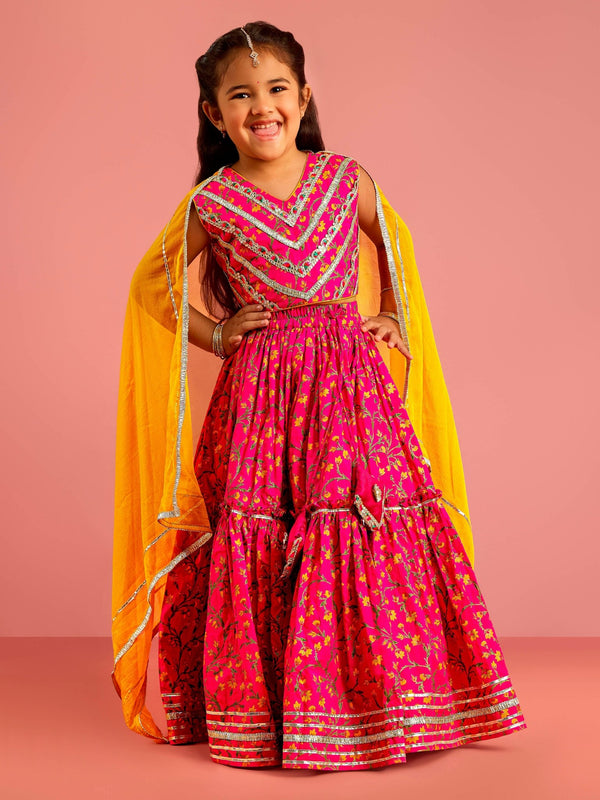 vastramayGirls Ethnic Wear Pink Floral Screen Print Cotton Cambric Lehenga Choli Set with Yellow Chiffon Dupatta