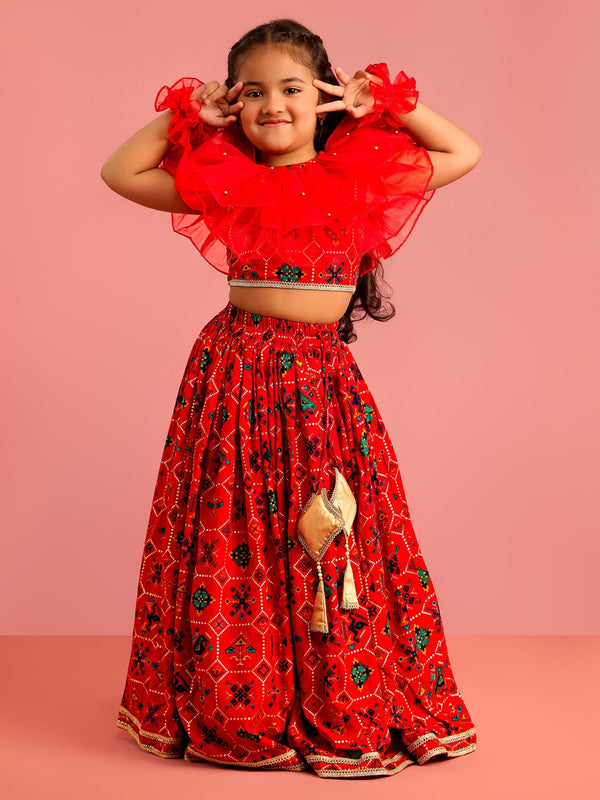 vastramayGirls Red Patola Print Rayon Lehenga Choli Set with Accessories & Ruffled Hand Gloves