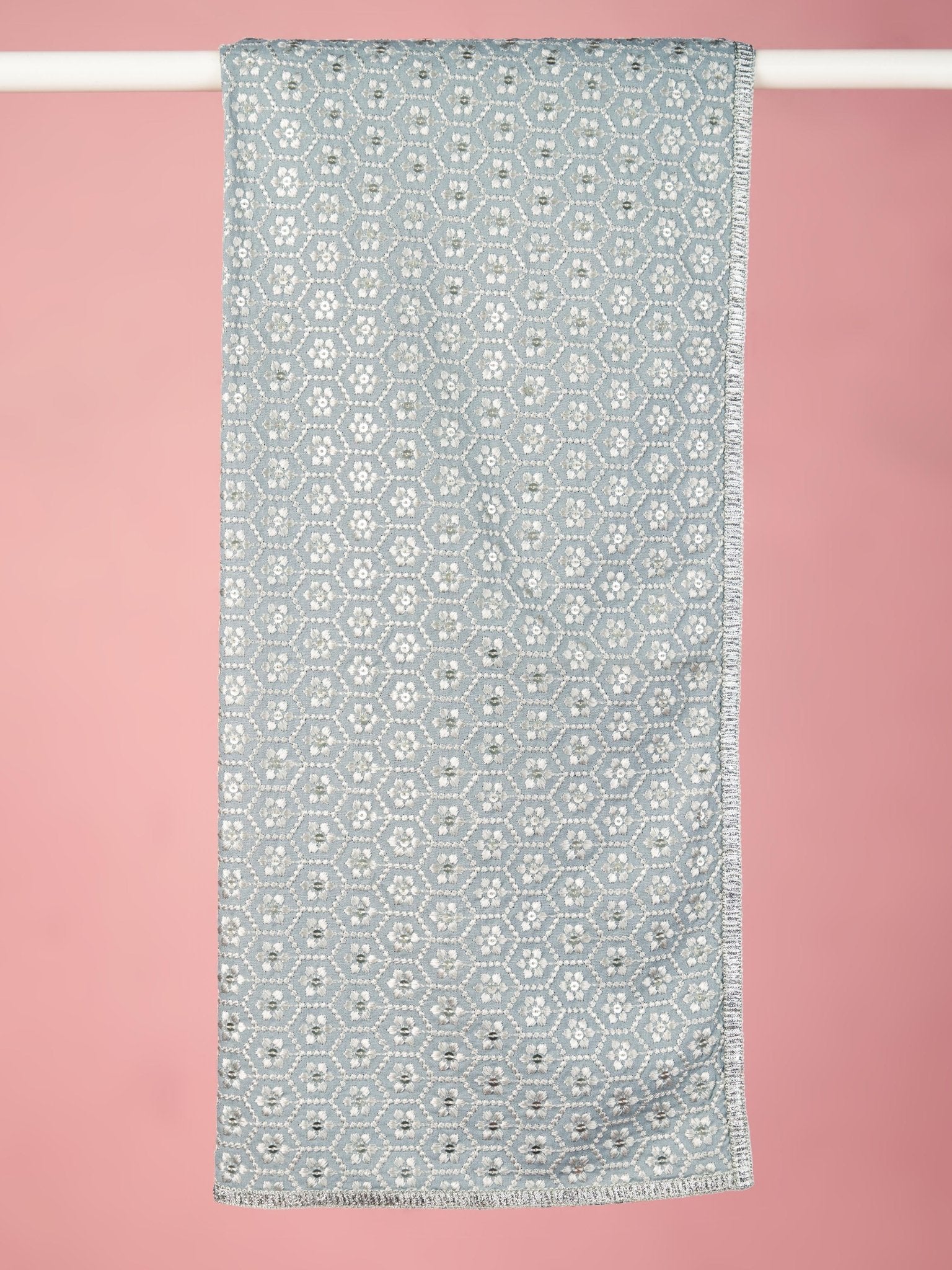vastramayMen Grey Silk Blend Embroidered Dupatta