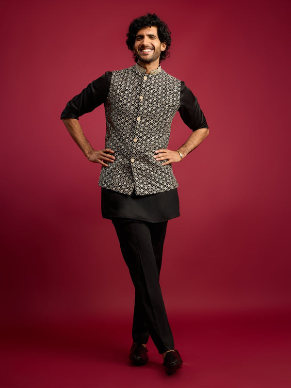 vastramayMen's All - Black Sequin & Thread Embroidered Nehru Jacket with Black Satin Kurta & Pants Set