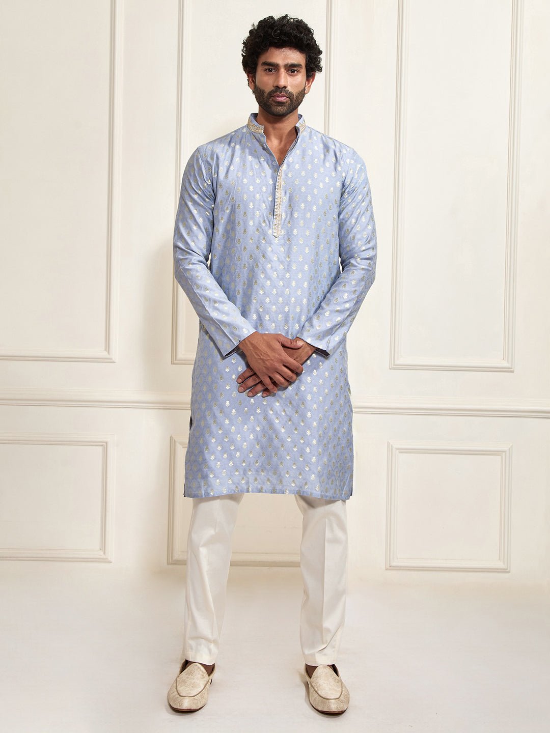 vastramayMen's Aqua Silk Blend Kurta Pyjama Set