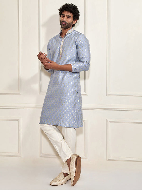 vastramayMen's Aqua Silk Blend Kurta Pyjama Set