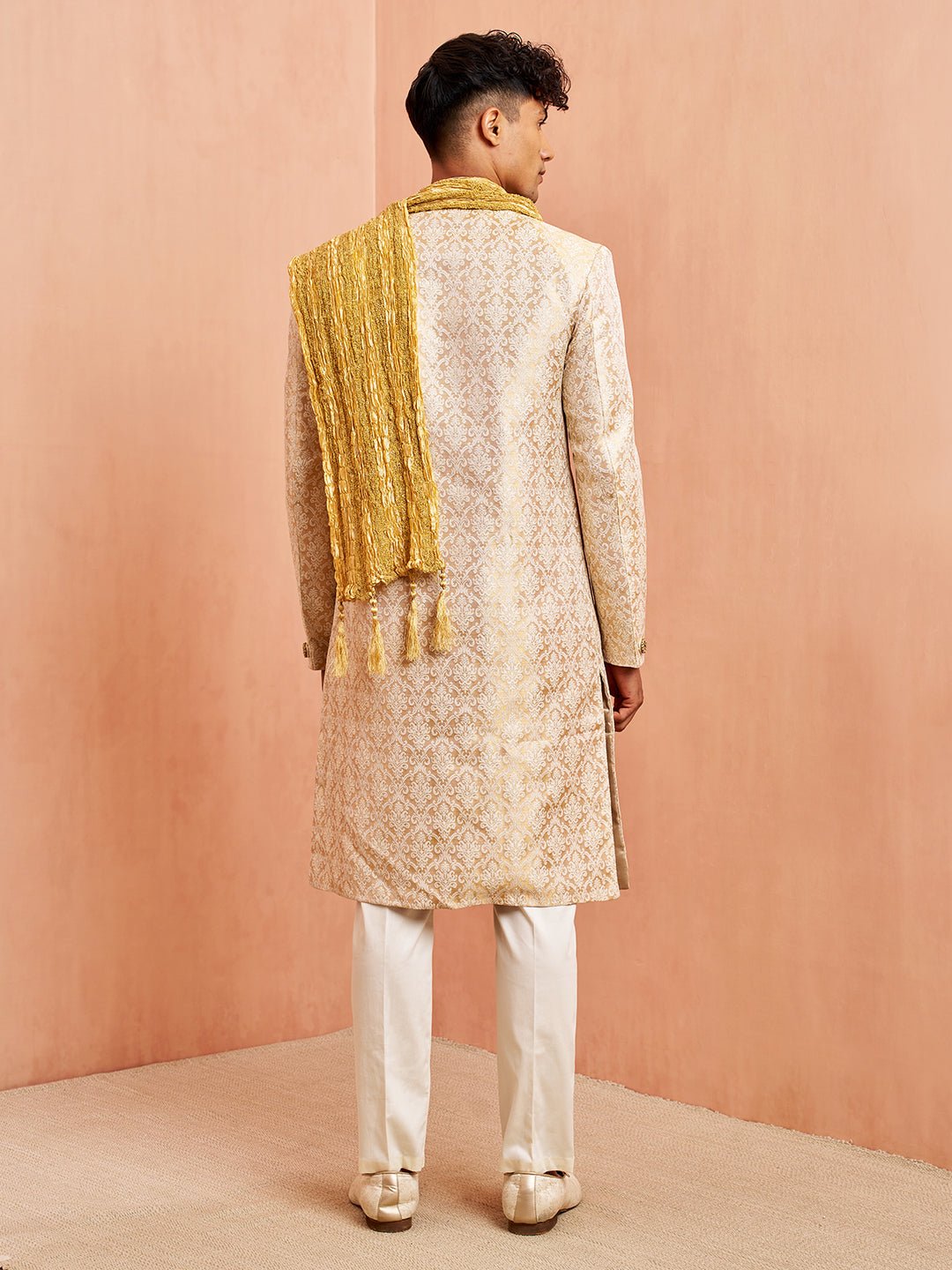 vastramayMen's Beige Jacquard Embroidered Sherwani Set with Cream Pyjama & Gold Dupatta