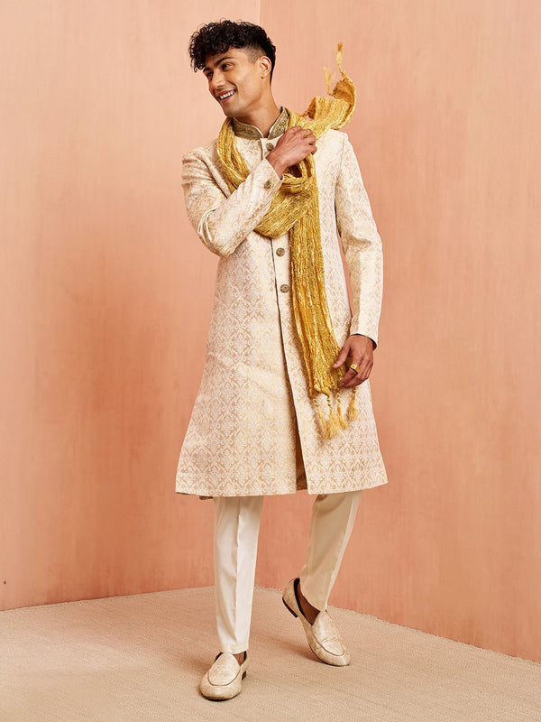 vastramayMen's Beige Jacquard Embroidered Sherwani Set with Cream Pyjama & Gold Dupatta