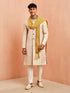 vastramayMen's Beige Jacquard Embroidered Sherwani Set with Cream Pyjama & Gold Dupatta