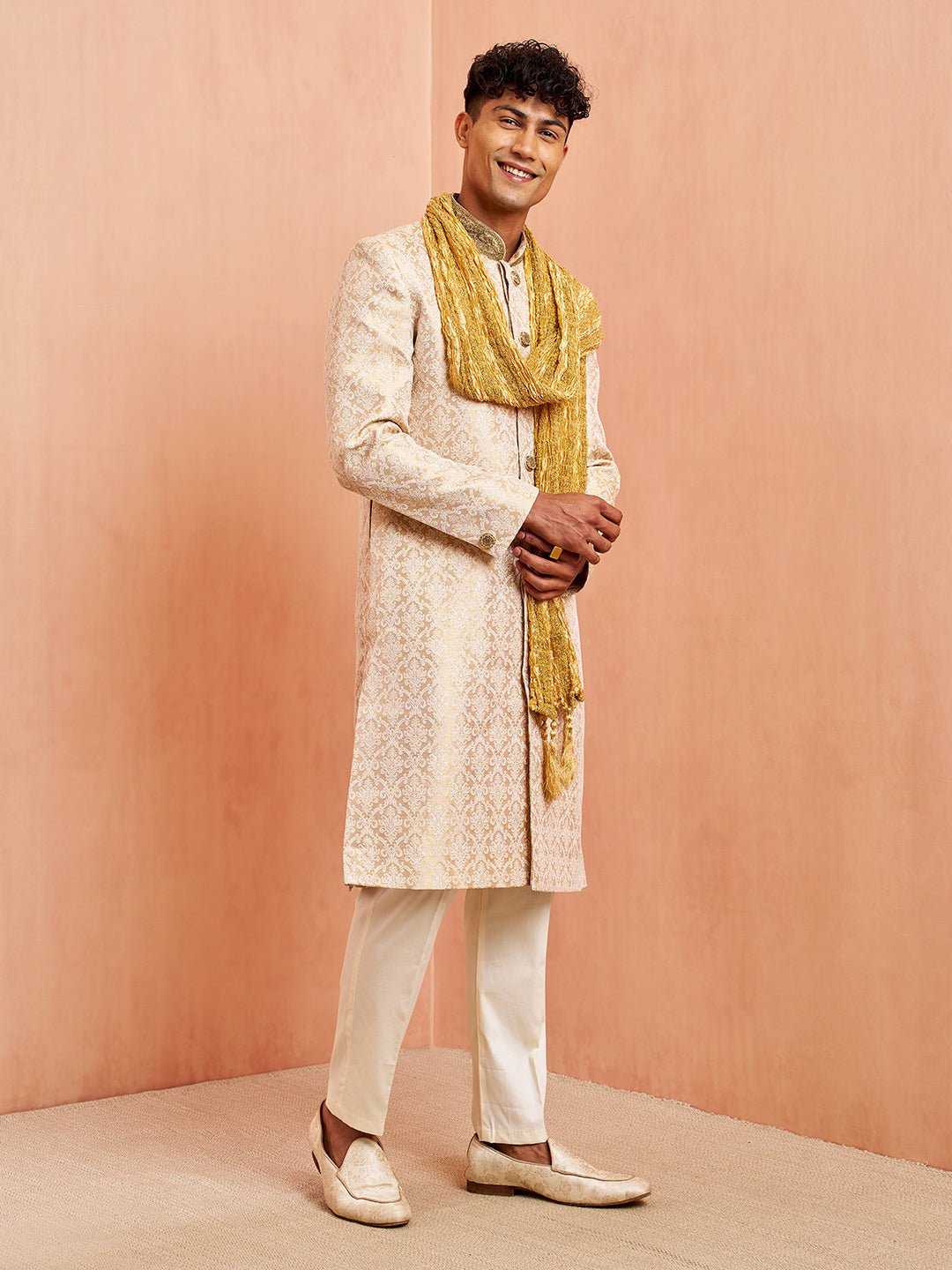 vastramayMen's Beige Jacquard Embroidered Sherwani Set with Cream Pyjama & Gold Dupatta