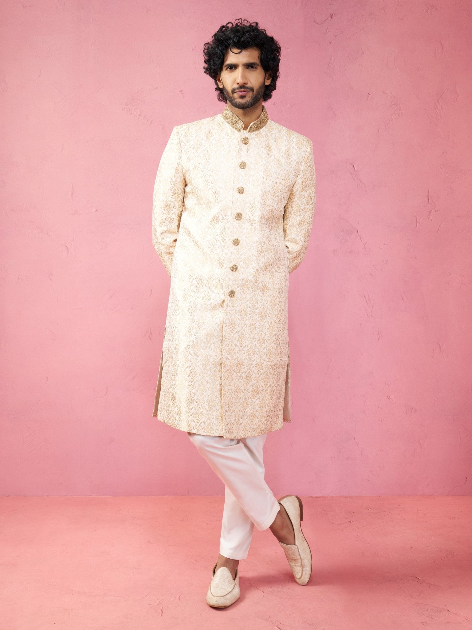 vastramayMen's Beige Silk Blend Sherwani Set with Cream Pyjama