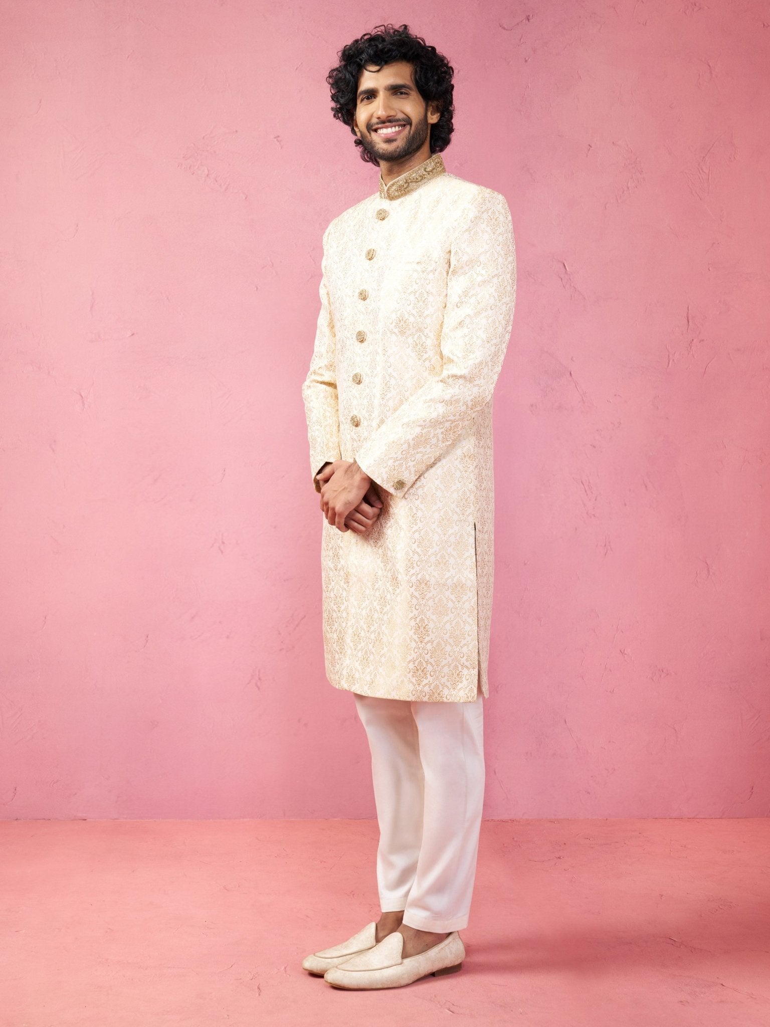 vastramayMen's Beige Silk Blend Sherwani Set with Cream Pyjama