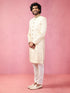 vastramayMen's Beige Silk Blend Sherwani Set with Cream Pyjama