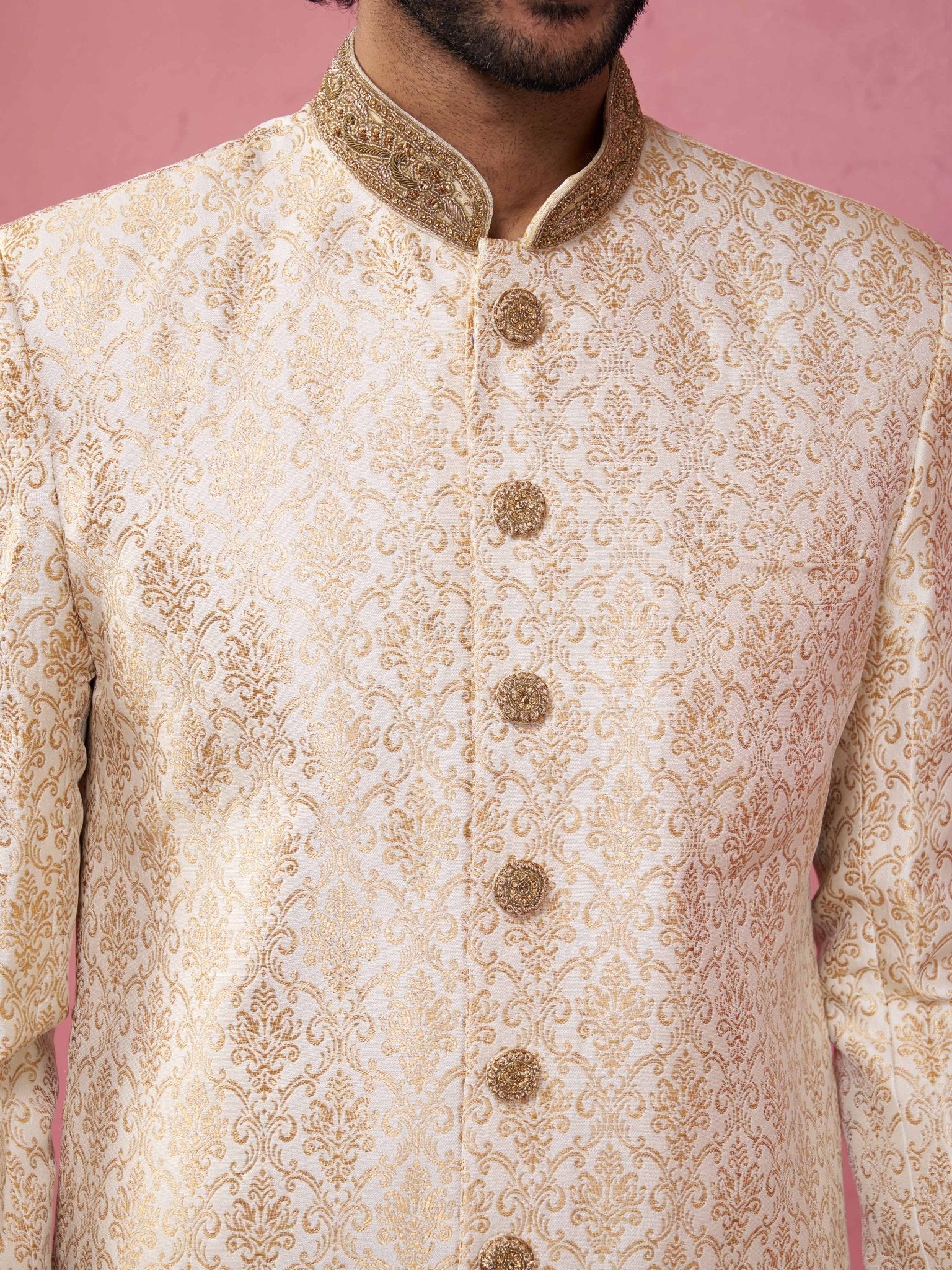 vastramayMen's Beige Silk Blend Sherwani Set with Cream Pyjama