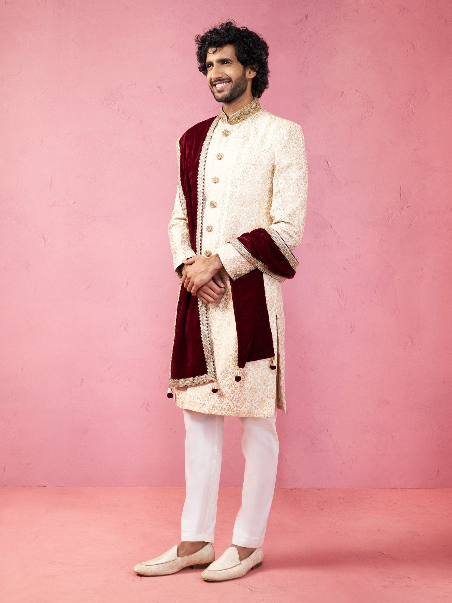 vastramayMen's Beige Silk Sherwani Set with Pyjama & Velvet Dupatta