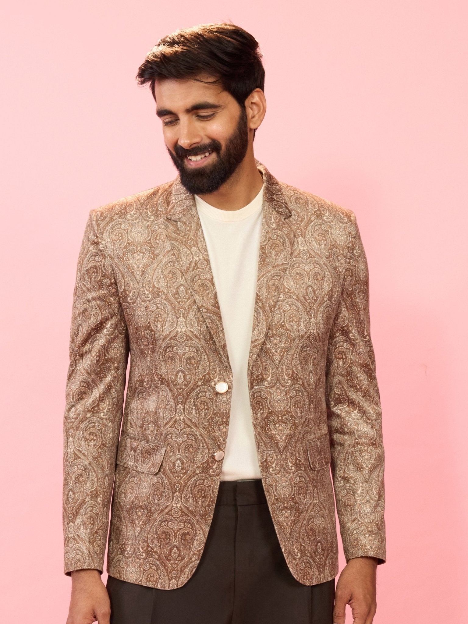 vastramayMen's Beige Velvet Paisley Digital Print Notch Collar Wedding Blazer