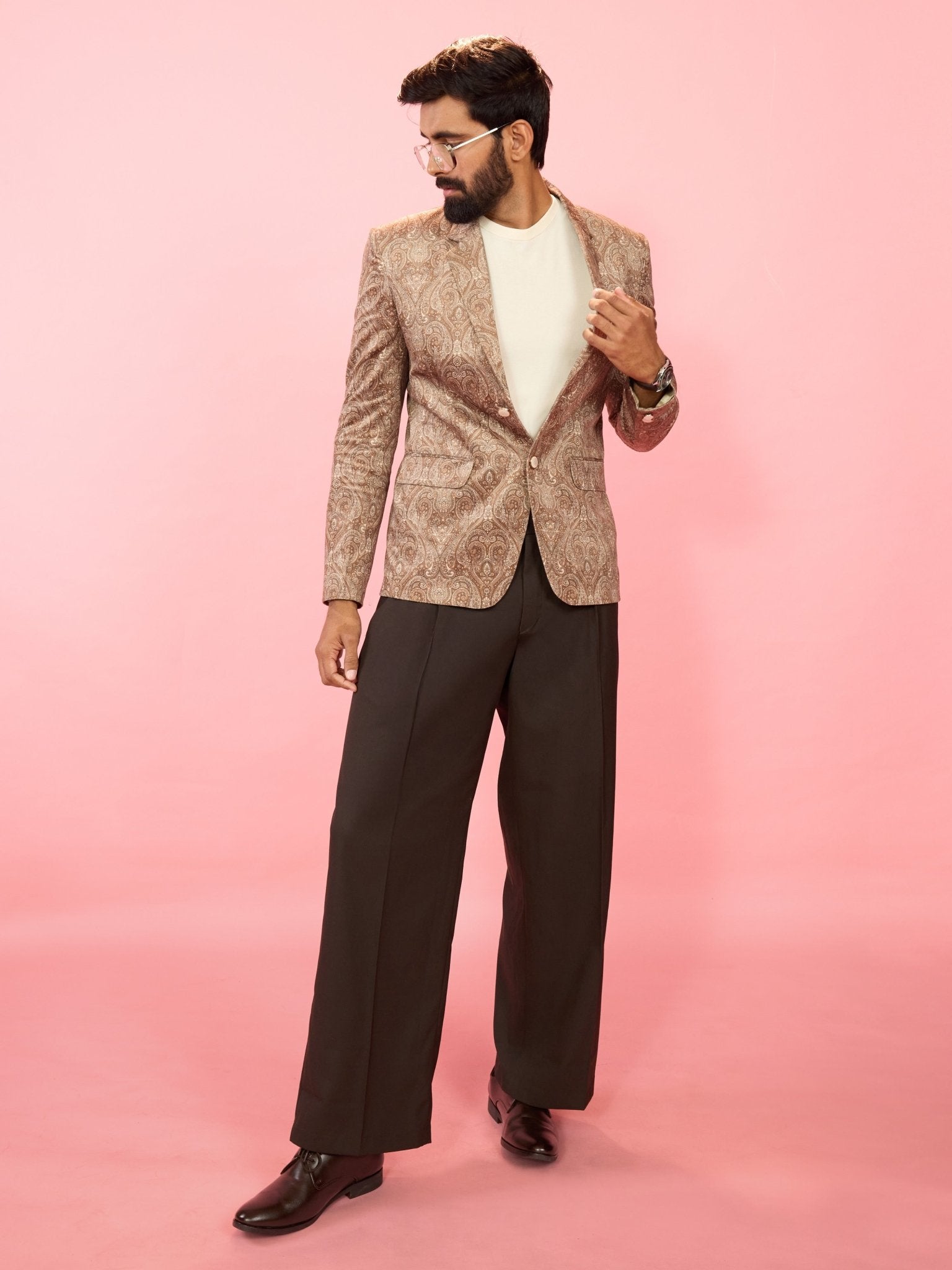 vastramayMen's Beige Velvet Paisley Digital Print Notch Collar Wedding Blazer
