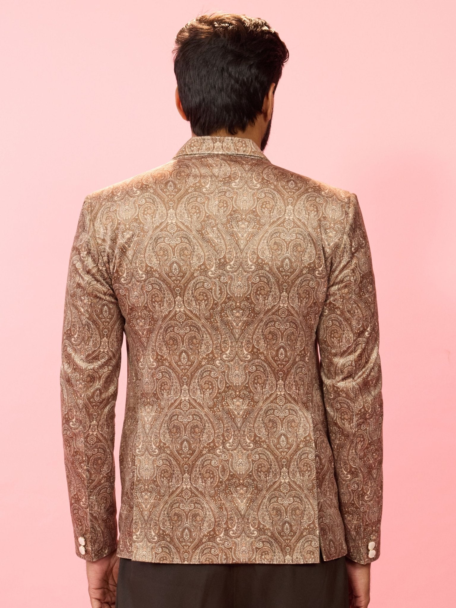 vastramayMen's Beige Velvet Paisley Digital Print Notch Collar Wedding Blazer