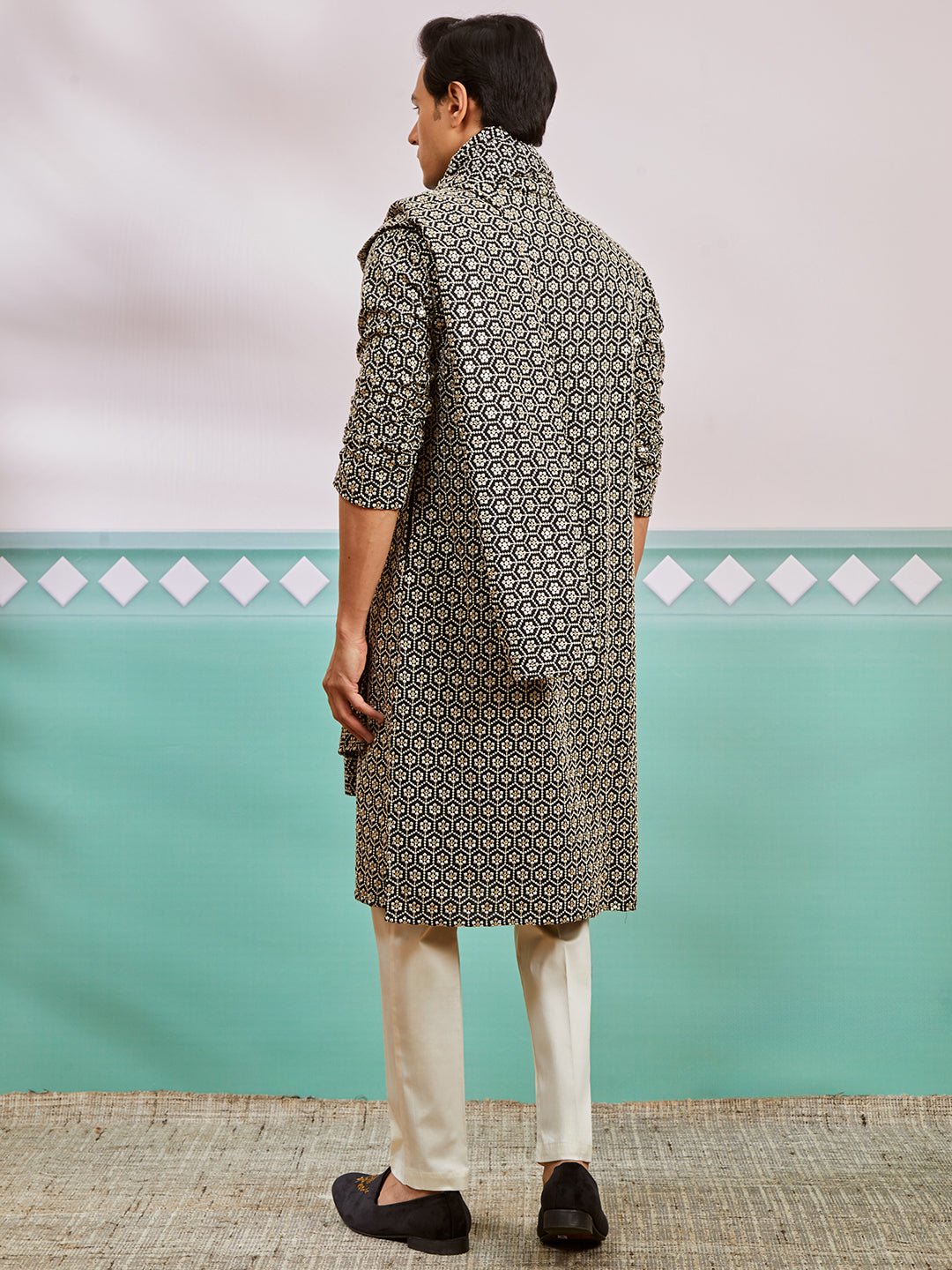 vastramayMen's Black Chikankari Embroidered Kurta Set with Cream Satin Pyjama & Black Dupatta