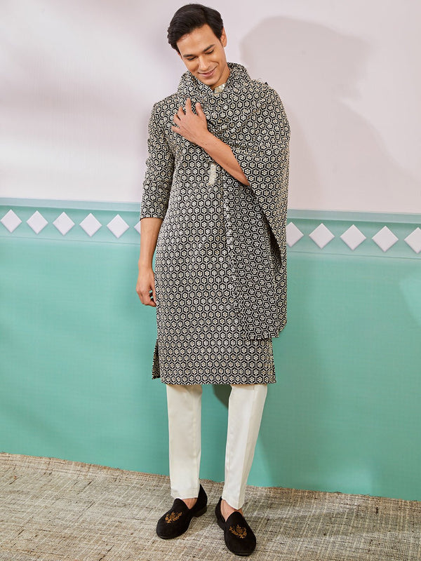vastramayMen's Black Chikankari Embroidered Kurta Set with Cream Satin Pyjama & Black Dupatta
