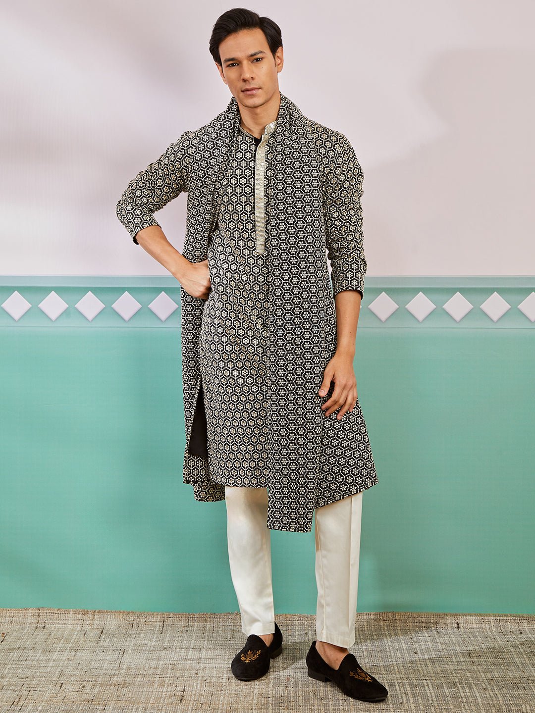 vastramayMen's Black Chikankari Embroidered Kurta Set with Cream Satin Pyjama & Black Dupatta