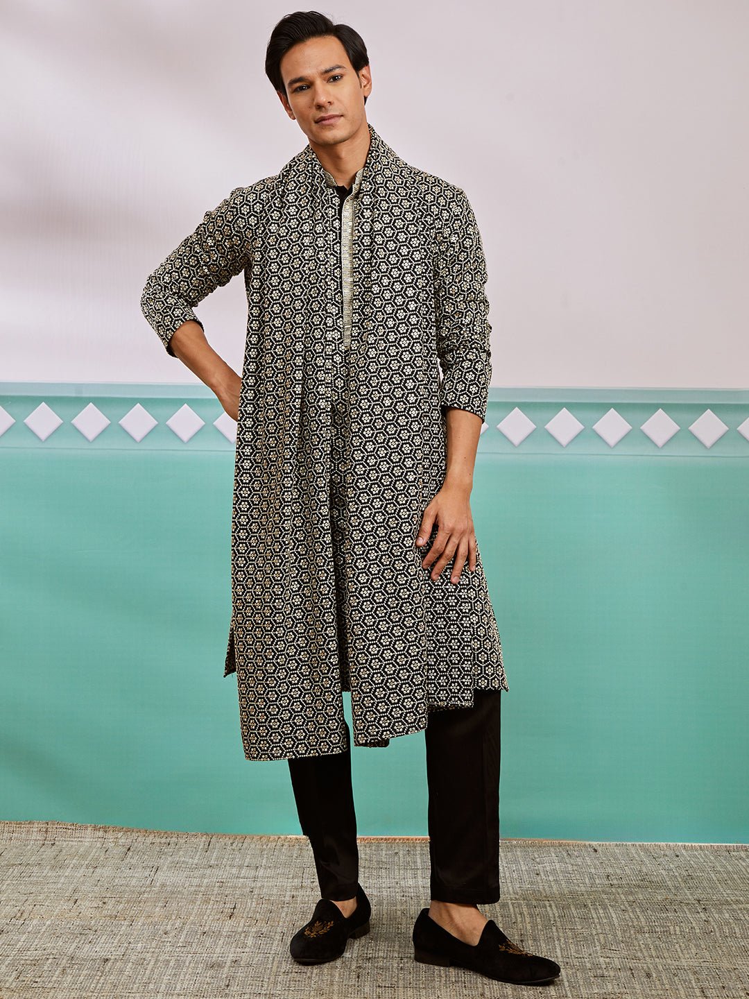 vastramayMen's Black Chikankari Embroidered Kurta Set with Fine Satin Pyjama & Embroidered Dupatta