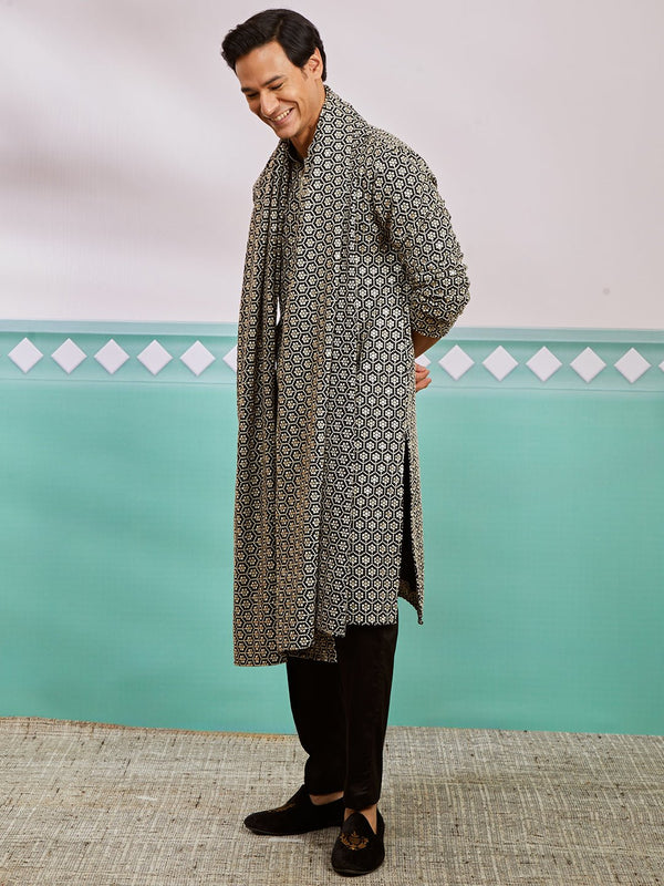 vastramayMen's Black Chikankari Embroidered Kurta Set with Fine Satin Pyjama & Embroidered Dupatta