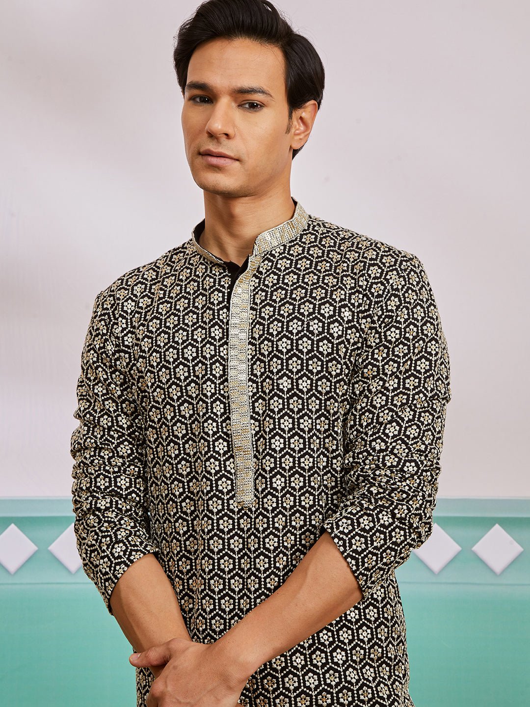 vastramayMen's Black Chikankari Embroidered Rayon Kurta with Fine Satin Pyjama Set