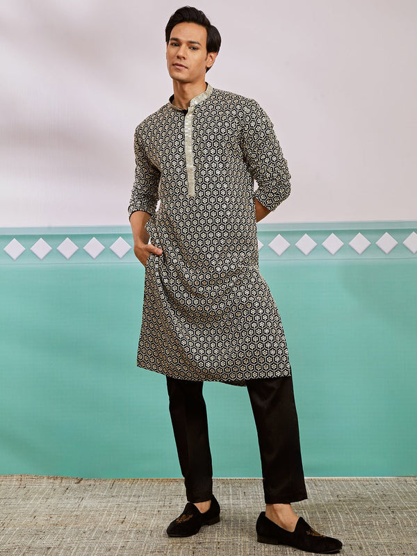 vastramayMen's Black Chikankari Embroidered Rayon Kurta with Fine Satin Pyjama Set