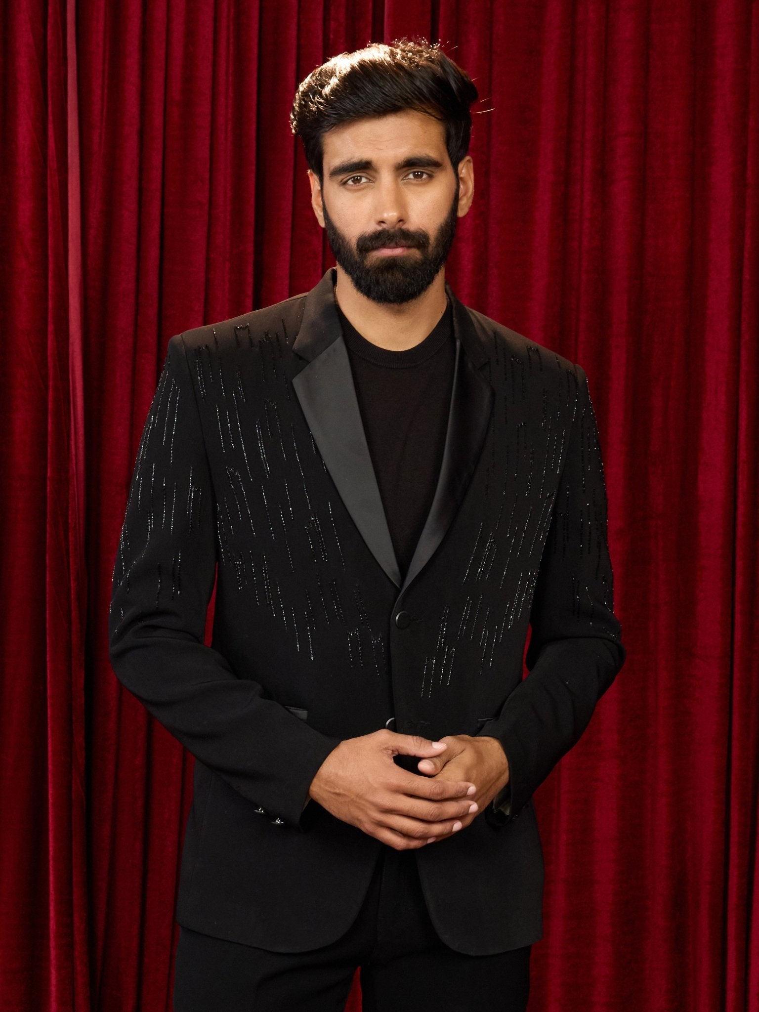 vastramayMen's Black Cutdana Work Geometric Notch Collar Wedding Blazer