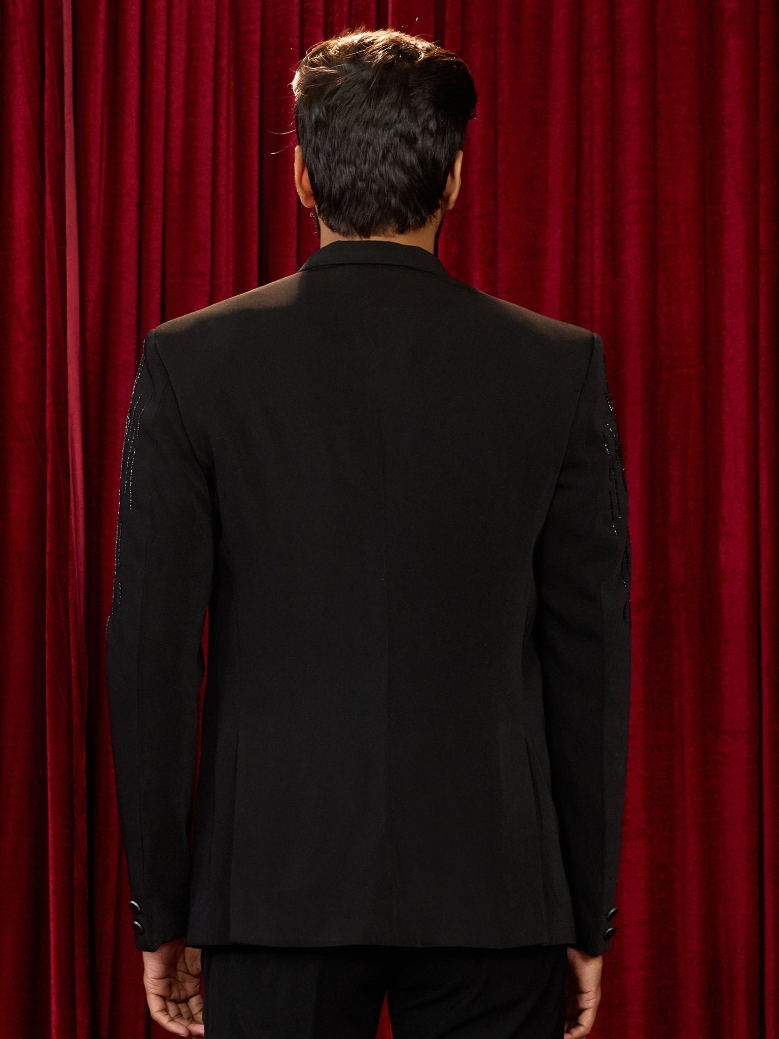 vastramayMen's Black Cutdana Work Geometric Notch Collar Wedding Blazer