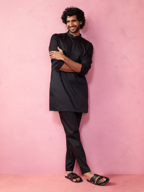 vastramayMen's Black Fine Satin Kurta Set with Matching Pant