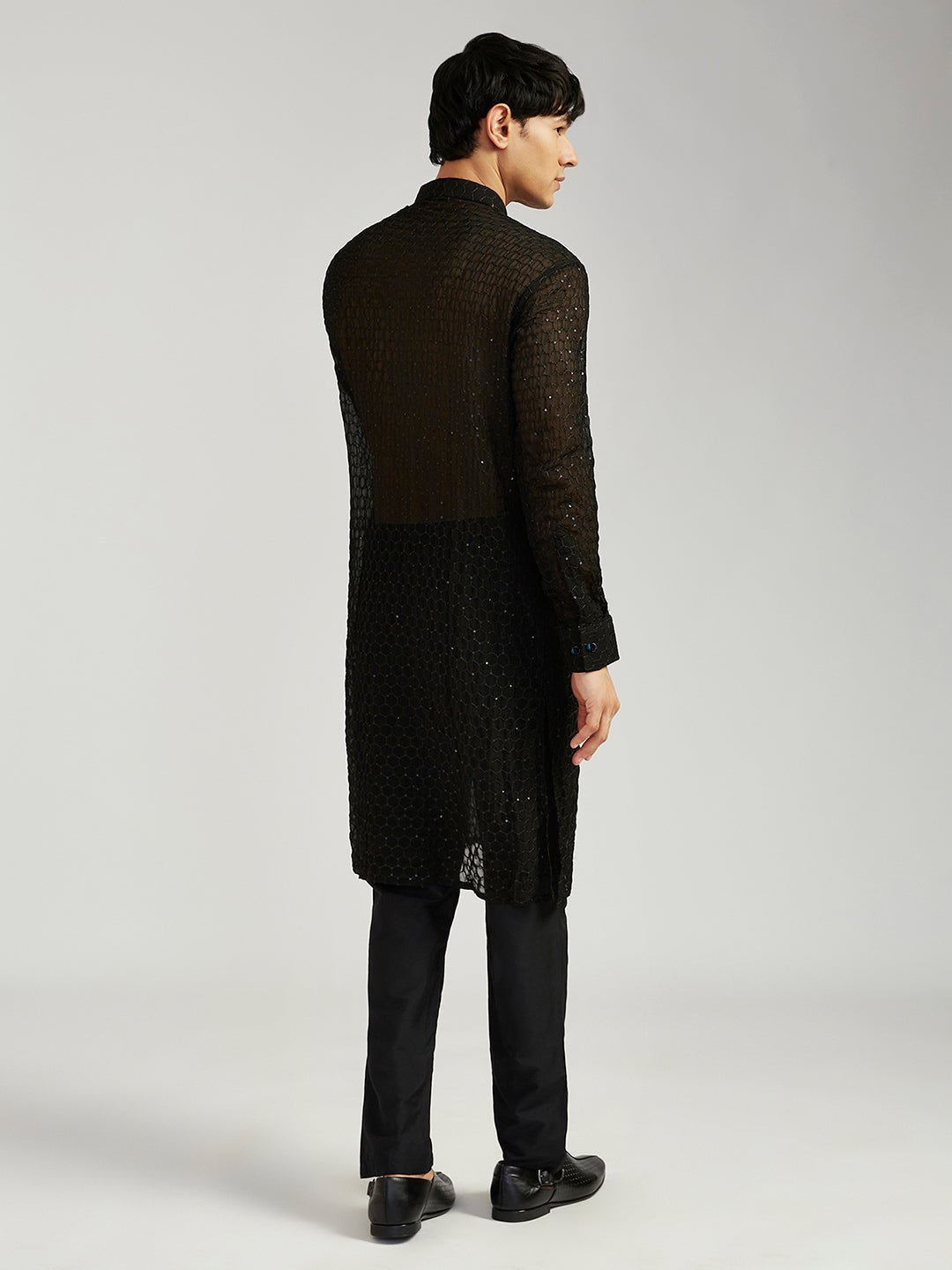 vastramayMen's Black Georgette Kurta with Cotton Lycra Pant Set