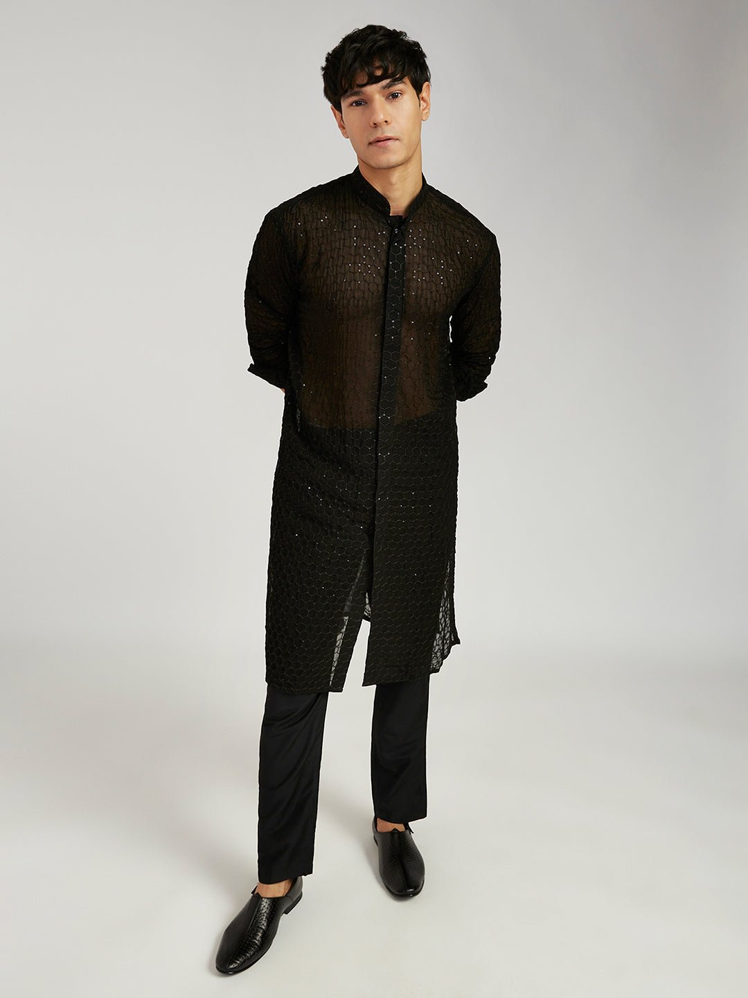 vastramayMen's Black Georgette Kurta with Cotton Lycra Pant Set