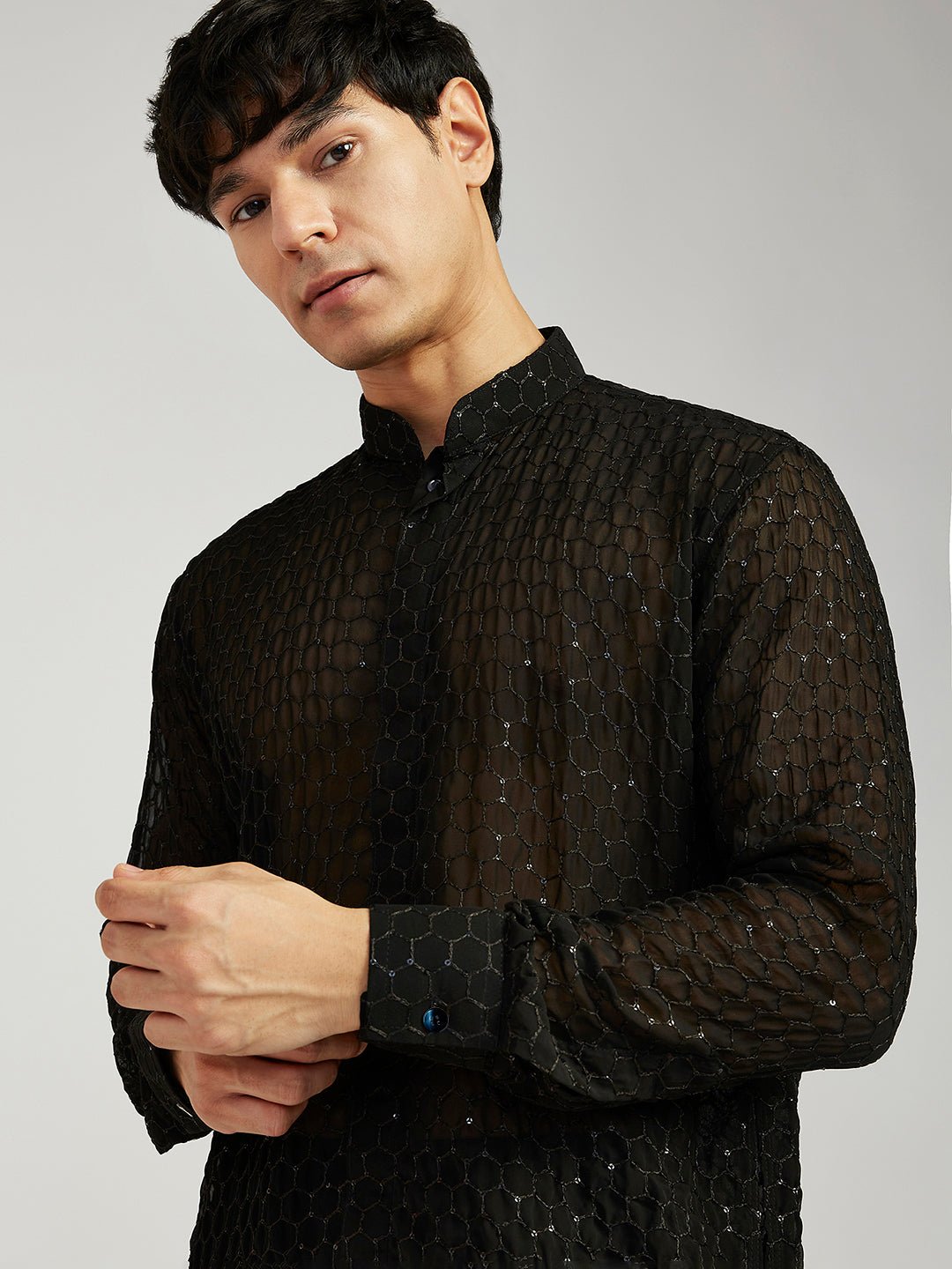 vastramayMen's Black Georgette Kurta with Cotton Lycra Pant Set