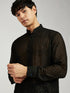 vastramayMen's Black Georgette Kurta with Cotton Lycra Pant Set
