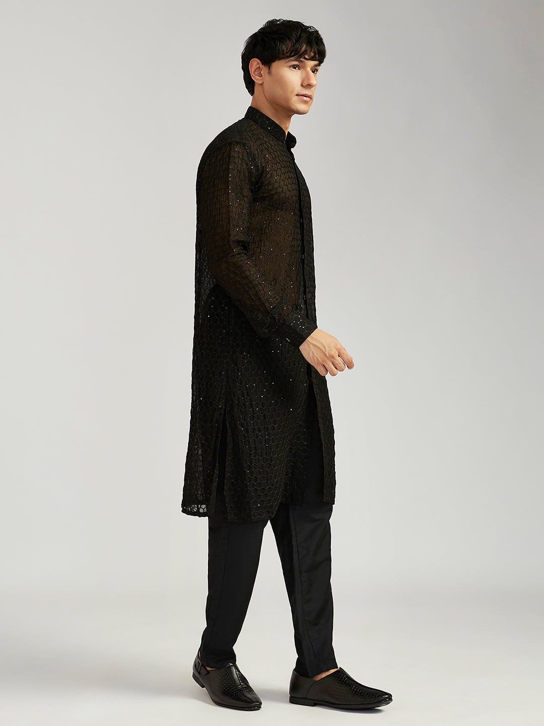 vastramayMen's Black Georgette Kurta with Cotton Lycra Pant Set