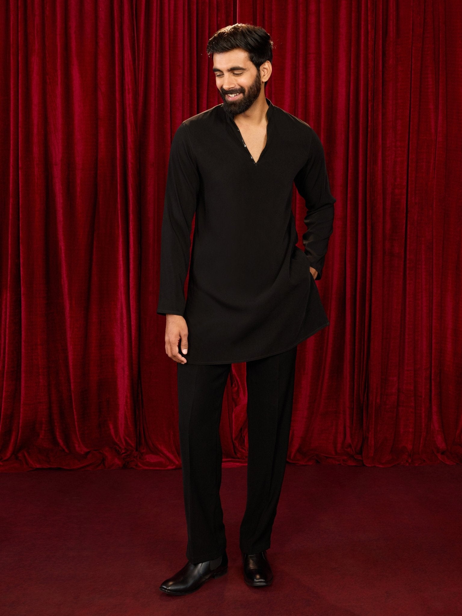 vastramayMen's Black Imported Suiting Sequin Bead Kurta & Straight Pant 2 - Piece Set