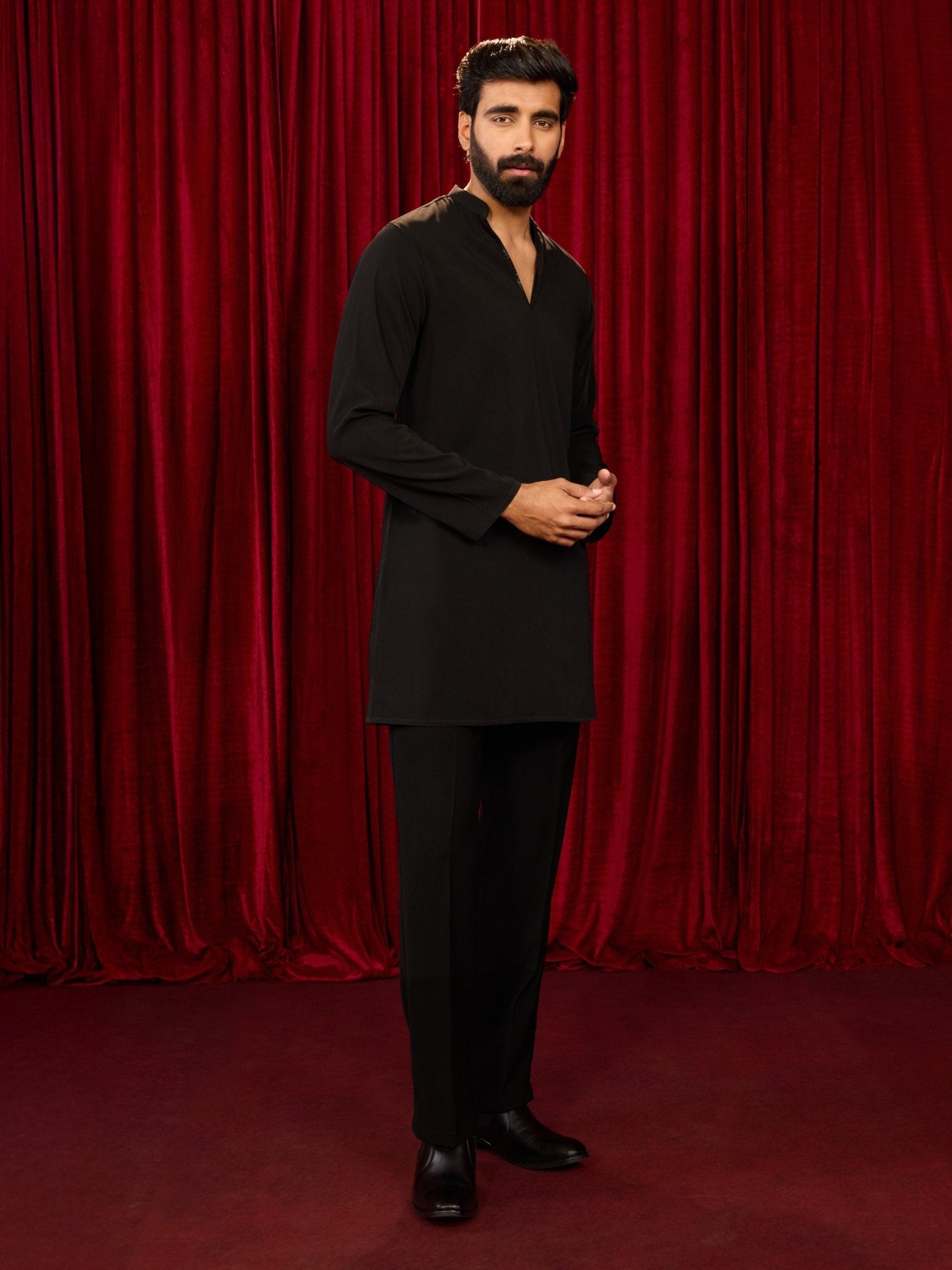 vastramayMen's Black Imported Suiting Sequin Bead Kurta & Straight Pant 2 - Piece Set
