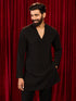 vastramayMen's Black Imported Suiting Sequin Beads Geometric Neckline Embroidered Mid - Length Kurta
