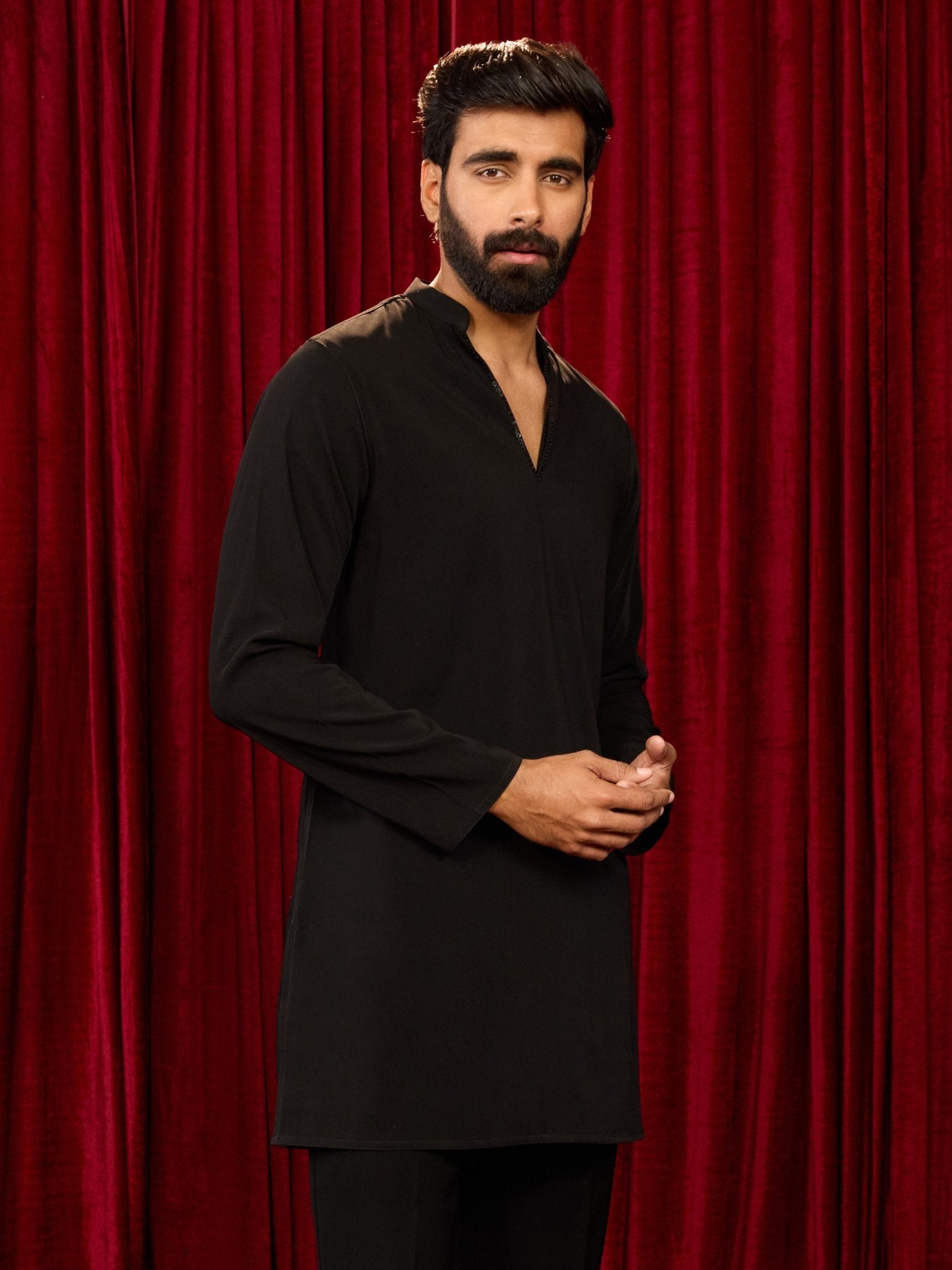 vastramayMen's Black Imported Suiting Sequin Beads Geometric Neckline Embroidered Mid - Length Kurta