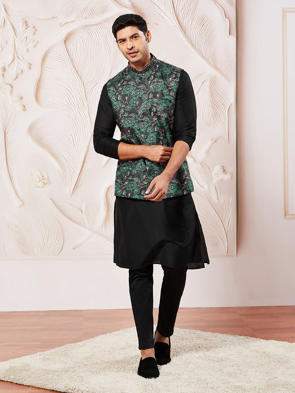 vastramayMen's Black Kurta Pyjama Set with Green Printed Nehru Jacket