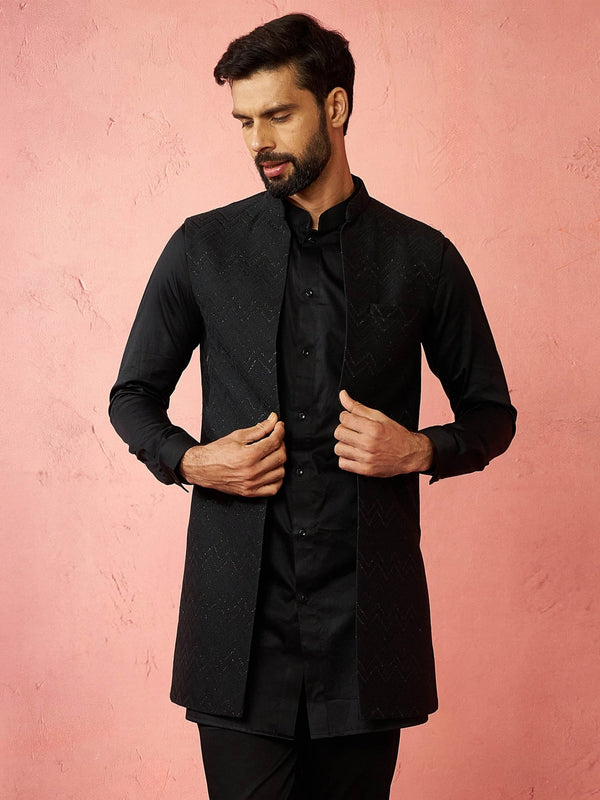 vastramayMen's Black Maharaja Jacquard Nehru Jacket