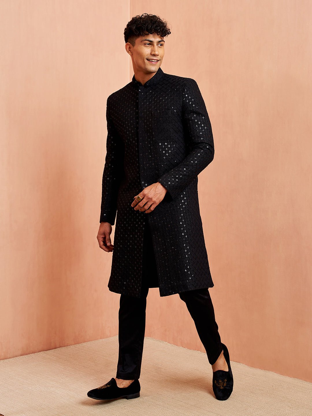 vastramayMen's Black Sequin Chikankari Sherwani with Silk Kurta & Satin Pyjama