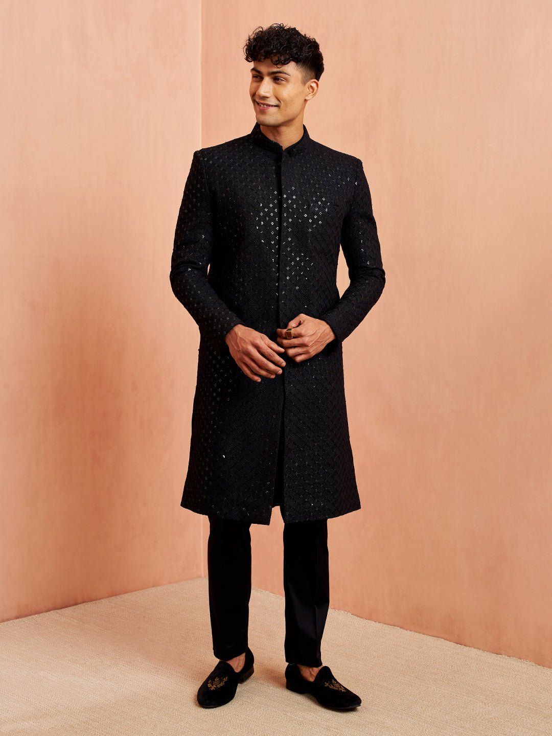 vastramayMen's Black Sequin Chikankari Sherwani with Silk Kurta & Satin Pyjama