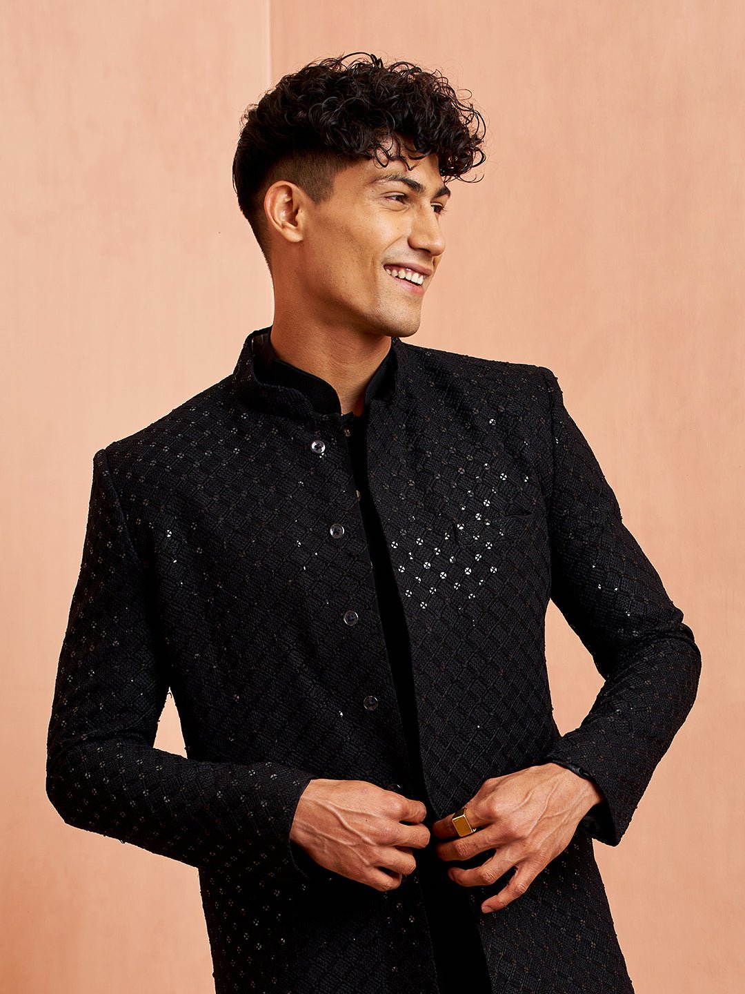 vastramayMen's Black Sequin Chikankari Sherwani with Silk Kurta & Satin Pyjama