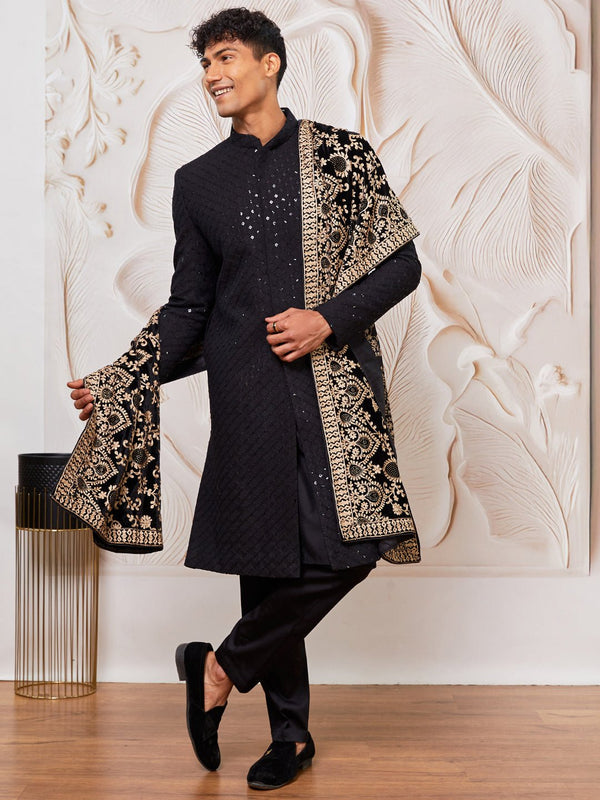 vastramayMen's Black Sequin Sherwani Set with Kurta Pyjama & Embroidered Velvet Dupatta