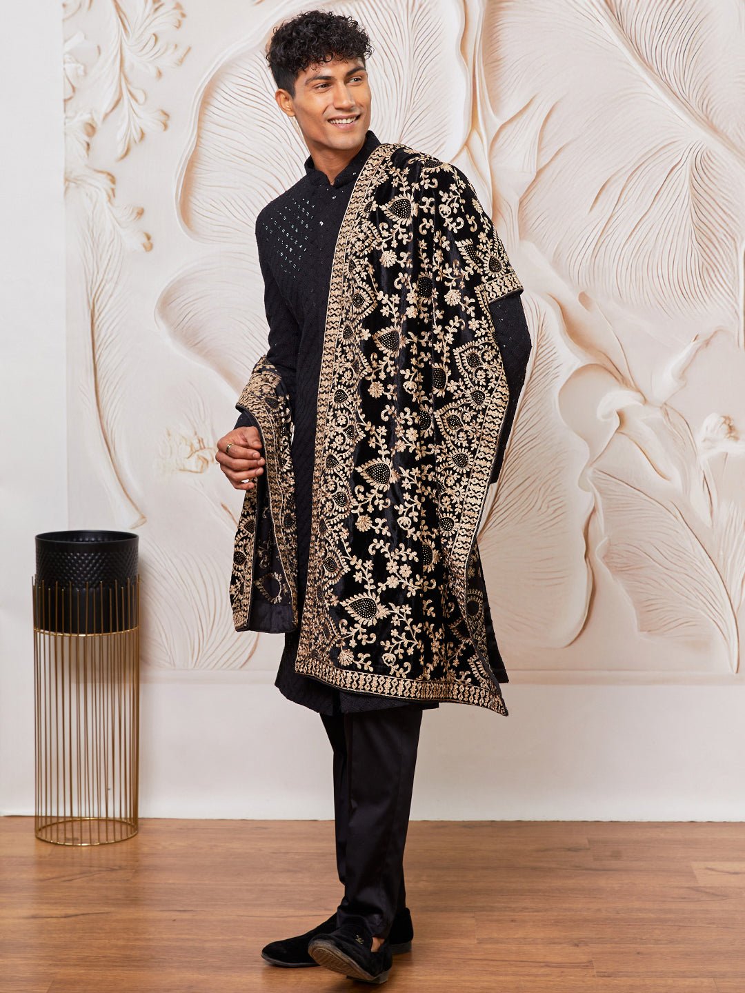 vastramayMen's Black Sequin Sherwani Set with Kurta Pyjama & Embroidered Velvet Dupatta